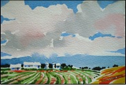 watercolor farm, clouds, summer